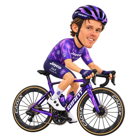 Ilustración de Paul Double con el maillot 2026 de Team Jayco AlUla