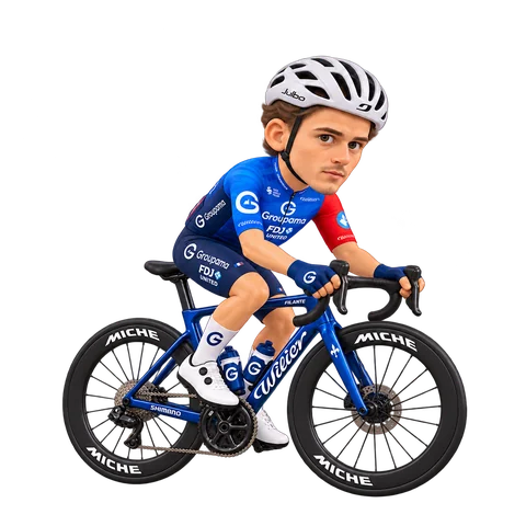 Illustrazione di Paul Penhoët con la divisa 2026 della Groupama-FDJ UNITED