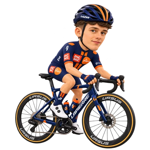 Ilustración de Pavel Bittner con el maillot 2026 de Team Picnic PostNL