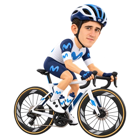 Illustrazione di Pelayo Sánchez con la divisa 2026 della Movistar Team