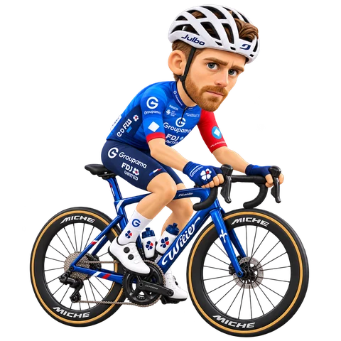Illustrazione di Quentin Pacher con la divisa 2026 della Groupama-FDJ UNITED