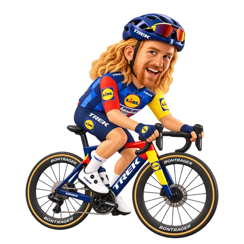 Illustration von Quinn Simmons im 2026er Trikot von Lidl–Trek