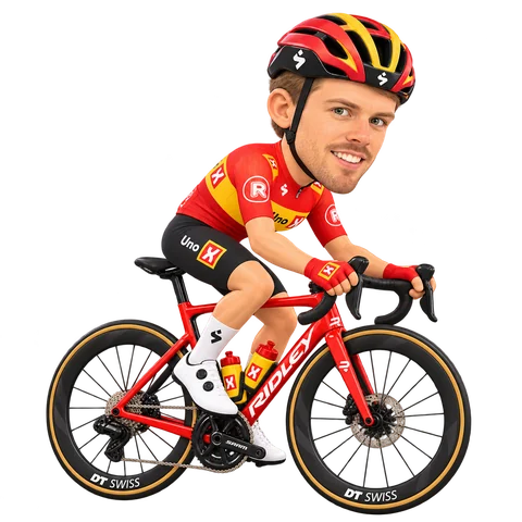 Ilustración de Rasmus Tiller con el maillot 2026 de Uno-X Mobility