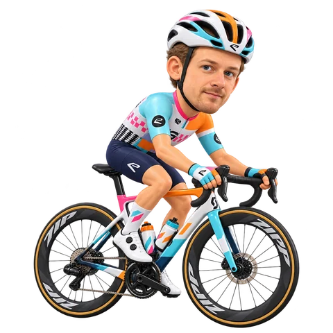 Illustrazione di Riley Sheehan con la divisa 2026 della NSN Cycling Team