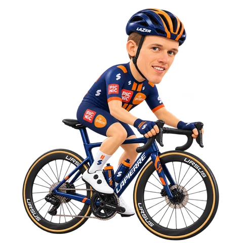 Ilustración de Robbe Dhondt con el maillot 2026 de Team Picnic PostNL