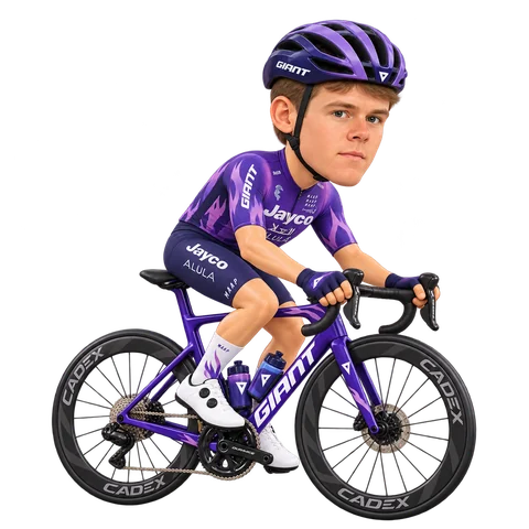 Ilustración de Robert Donaldson con el maillot 2026 de Team Jayco AlUla