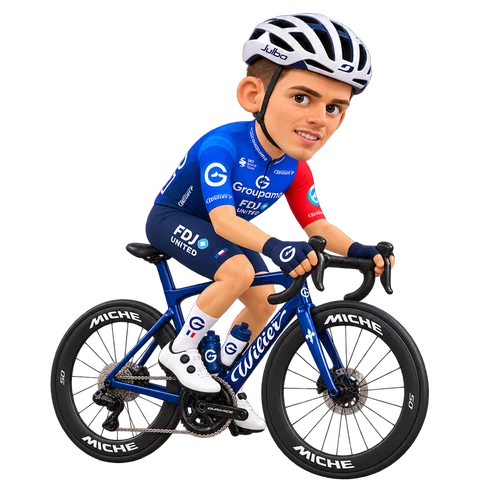 Illustrazione di Romain Grégoire con la divisa 2026 della Groupama-FDJ UNITED