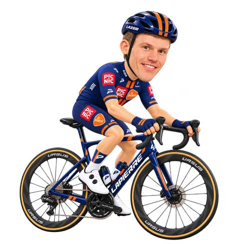 Ilustración de Roy Hoogendoorn con el maillot 2026 de Team Picnic PostNL