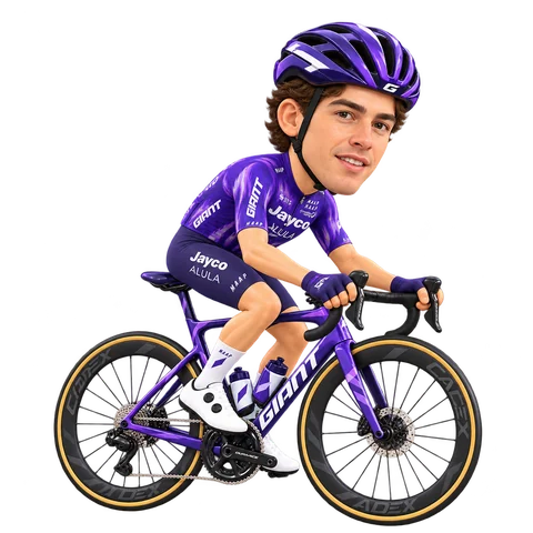Ilustración de Rudy Porter con el maillot 2026 de Team Jayco AlUla