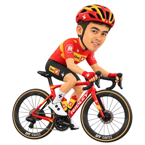 Ilustración de Sakarias Koller Løland con el maillot 2026 de Uno-X Mobility