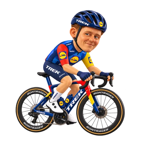Illustration von Sam Oomen im 2026er Trikot von Lidl–Trek