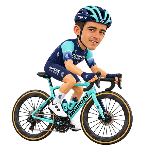 Illustration von Santiago Buitrago im 2026er Trikot von Bahrain Victorious