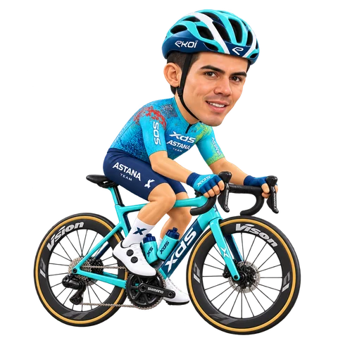 Illustrazione di Sergio Higuita con la divisa 2026 della XDS Astana Team