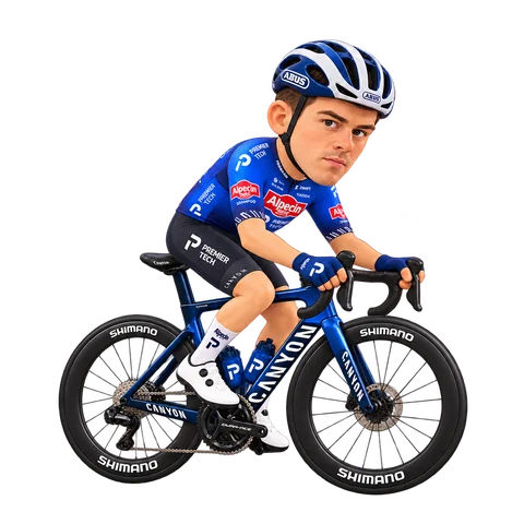Illustration von Simon Dehairs im 2026er Trikot von Alpecin-Premier Tech