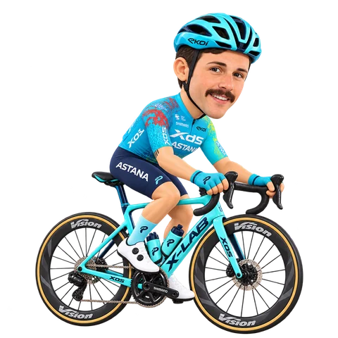 Illustrazione di Simone Velasco con la divisa 2026 della XDS Astana Team
