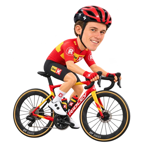 Ilustración de Søren Wærenskjold con el maillot 2026 de Uno-X Mobility