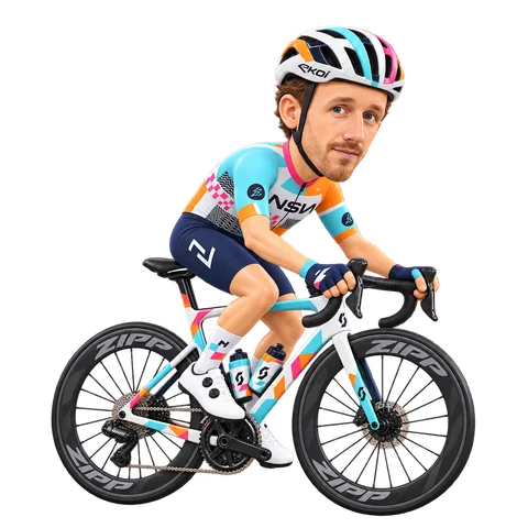 Illustrazione di Stephen Williams con la divisa 2026 della NSN Cycling Team