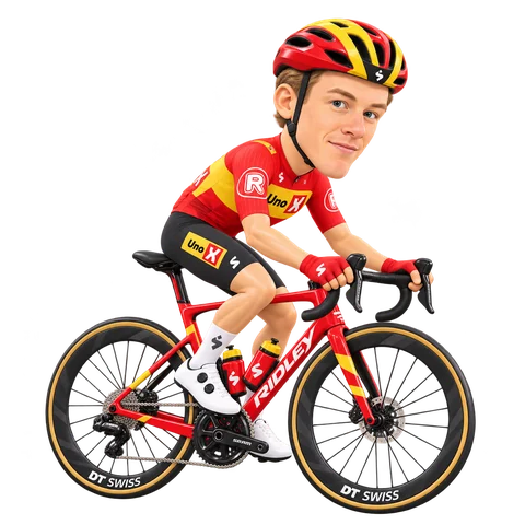 Ilustración de Stian Edvardsen-Fredheim con el maillot 2026 de Uno-X Mobility
