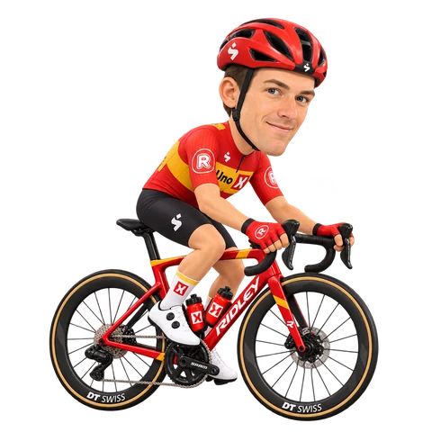Ilustración de Sven Erik Bystrøm con el maillot 2026 de Uno-X Mobility
