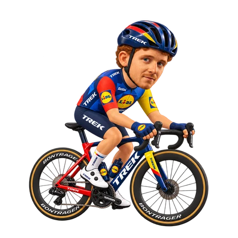 Illustration von Tao Geoghegan Hart im 2026er Trikot von Lidl–Trek