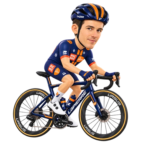 Ilustración de Timo de Jong con el maillot 2026 de Team Picnic PostNL