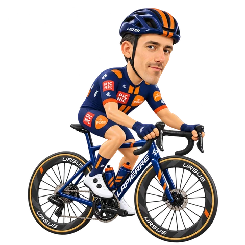 Ilustración de Timo Roosen con el maillot 2026 de Team Picnic PostNL