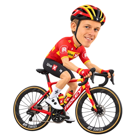 Ilustración de Tobias Halland Johannessen con el maillot 2026 de Uno-X Mobility