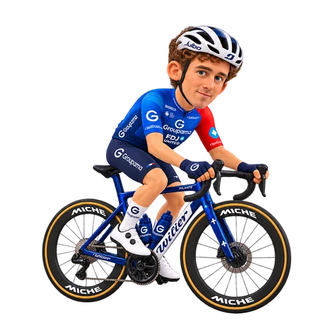 Illustrazione di Tom Donnenwirth con la divisa 2026 della Groupama-FDJ UNITED