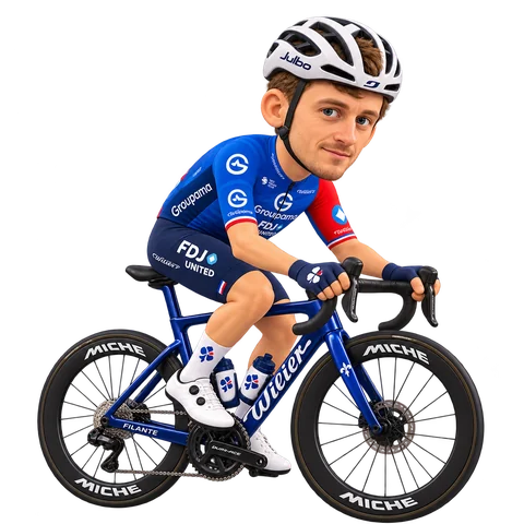 Illustrazione di Valentin Madouas con la divisa 2026 della Groupama-FDJ UNITED