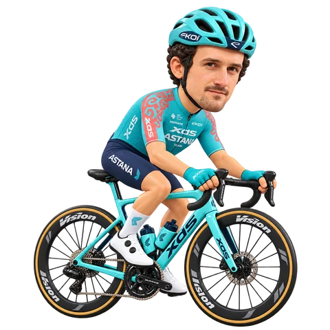 Illustrazione di Victor Langellotti con la divisa 2026 della XDS Astana Team