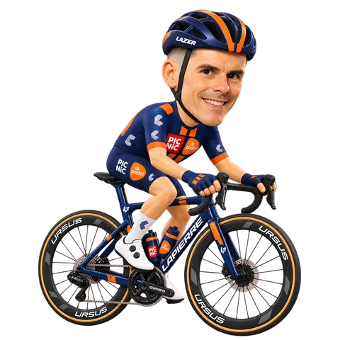 Ilustración de Warren Barguil con el maillot 2026 de Team Picnic PostNL