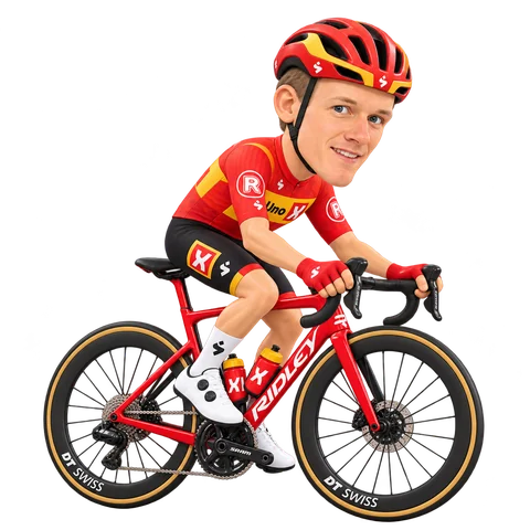 Ilustración de William Blume Levy con el maillot 2026 de Uno-X Mobility