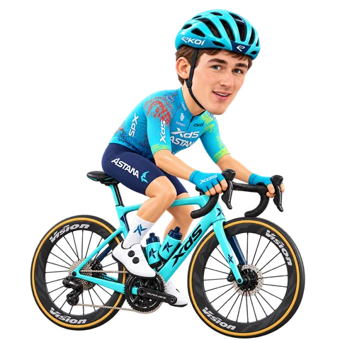 Illustrazione di Yevgeniy Fedorov con la divisa 2026 della XDS Astana Team